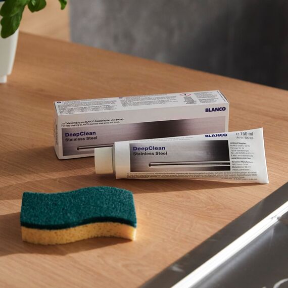 BLANCO DeepClean Stainless Steel | Reinigungsmittel und Pflegemittel für Edelstahlspülen | Profireiniger für saubere Küchen | 150ml Tube | Abperleffekt | entfernt Kratzer von Edelstahl