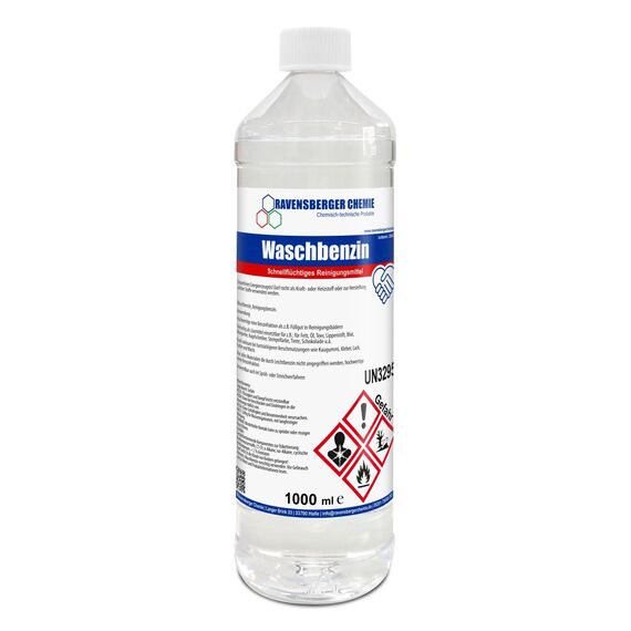 Waschbenzin Spezialreiniger – 1 L Flasche, hochwirksam für Fett, Öl, Teer, Kleber, Farbe, Tinte, Wachs, Kaugummi, für Kunststoffoberflächen, verdünnbar mit Wasser