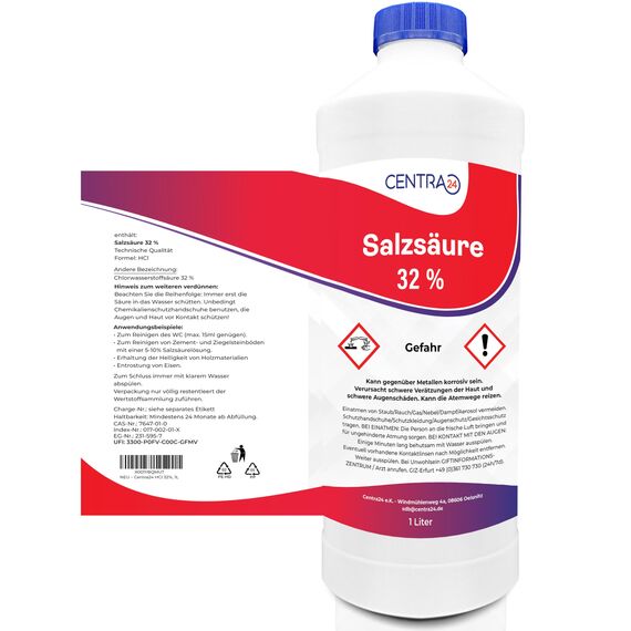 Centra24 Salzsäure 32% 1 Liter, Chlorwasserstoffsäure, Reinigung, Allzweckreiniger, Labor, Experiment, HCl