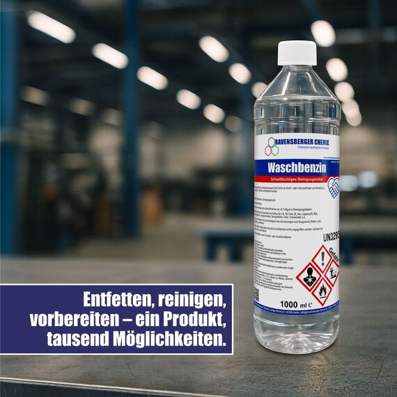Waschbenzin Spezialreiniger – 1 L Flasche, hochwirksam für Fett, Öl, Teer, Kleber, Farbe, Tinte, Wachs, Kaugummi, für Kunststoffoberflächen, verdünnbar mit Wasser