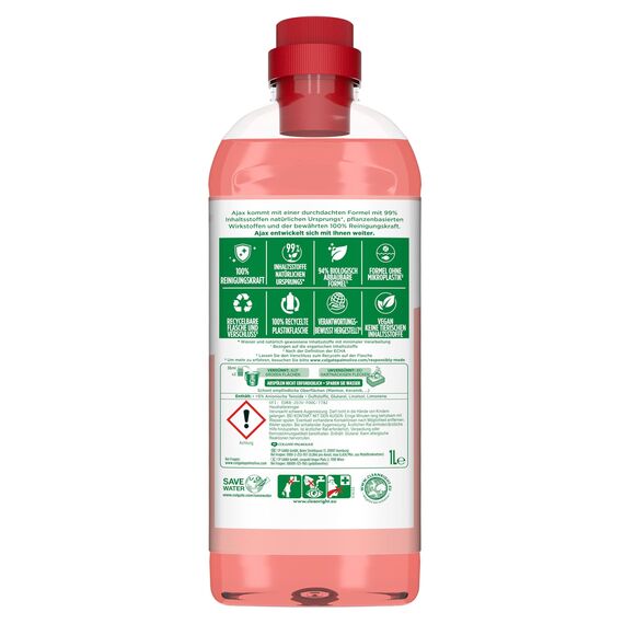 Ajax Allzweckreiniger Hibiskusblütenduft 12 x 1L - Multi-Oberflächen-Reiniger mit ätherischen Ölen