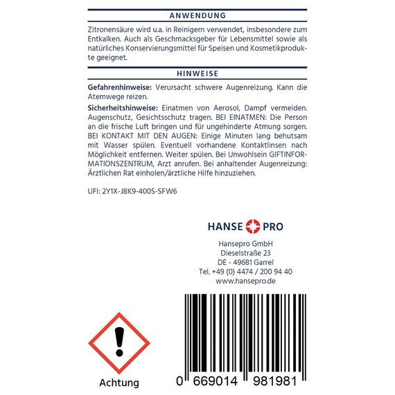 HANSE PRO Zitronensäure, 1 x 1000 g I Pulver I Natürliches Hausmittel I hochwertige Qualität I Entkalker I Konservierungsmittel