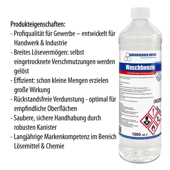 Waschbenzin Spezialreiniger – 1 L Flasche, hochwirksam für Fett, Öl, Teer, Kleber, Farbe, Tinte, Wachs, Kaugummi, für Kunststoffoberflächen, verdünnbar mit Wasser