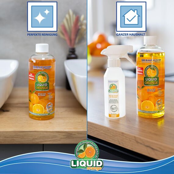Das blaue Wunder Liquid Orange Orangenreiniger 2 x 500 ml Konzentrat, Allzweckreiniger für den Haushalt, Universalreiniger für Küche Bad Auto, inkl. Sprühflasche