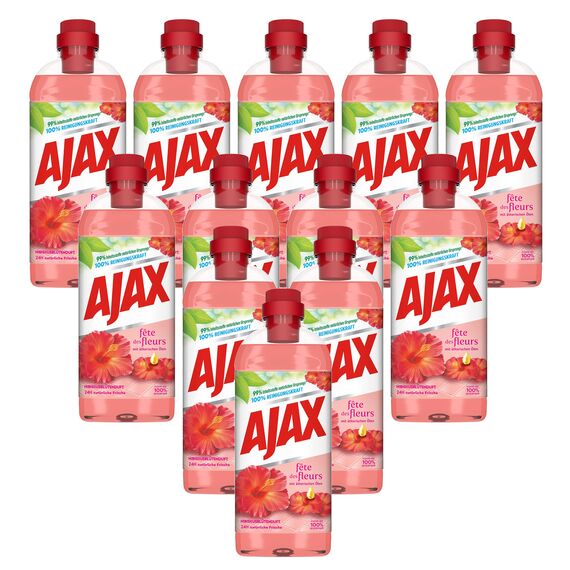 Ajax Allzweckreiniger Hibiskusblütenduft 12 x 1L - Multi-Oberflächen-Reiniger mit ätherischen Ölen