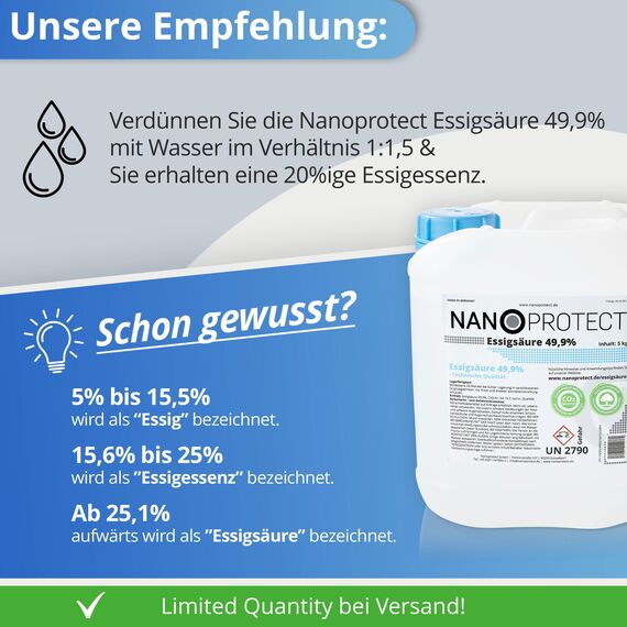 Nanoprotect Essigsäure | Inkl. Drucksprüher | Ideal als Reiniger und Entkalker | Für Haus und Garten | Premium Qualität – Made in Germany, 10 kg