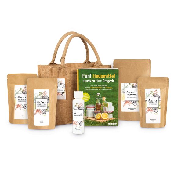 HANSE PRO Geschenk-Set Meine Hausmittel zum Selbermachen I Natron I Soda I Essig I Zitronensäure I Kernseife I Nachhaltige Geschenke I mit praktischer Jute-Tasche (mit Buch)