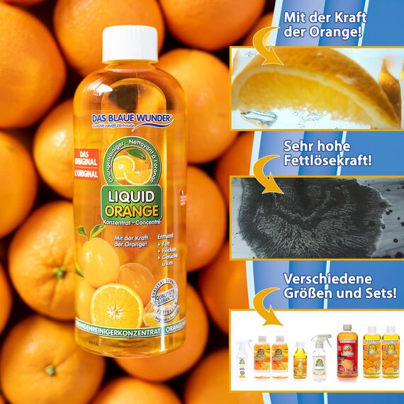 Das blaue Wunder Liquid Orange Orangenreiniger 2 x 500 ml Konzentrat, Allzweckreiniger für den Haushalt, Universalreiniger für Küche Bad Auto, inkl. Sprühflasche