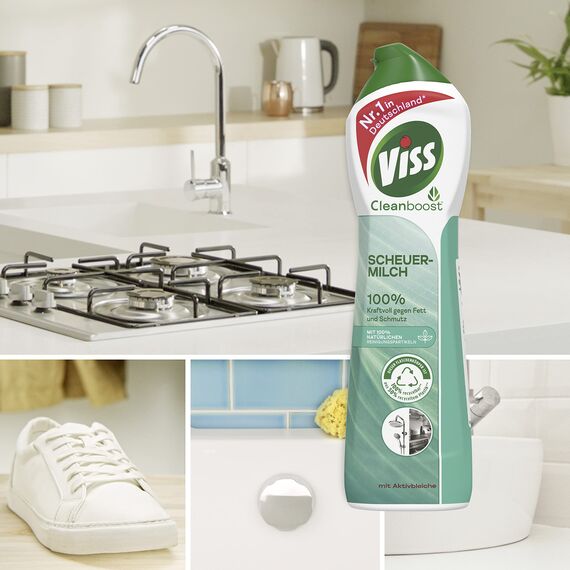 Viss Cleanboost Scheuermilch mit Aktivbleiche effektives Reinigungsmittel 100% kraftvoll gegen Fett und Schmutz mit 100% natürlichen Reinigungspartikeln 500 ml (Packung mit 4)
