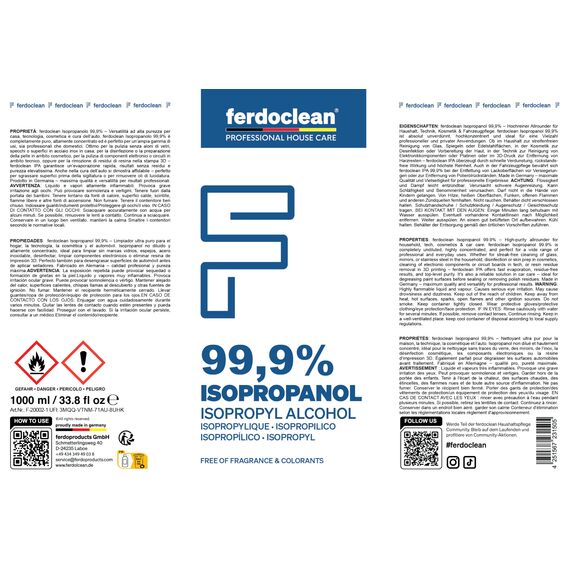 ferdoclean 99,9% Isopropanol 3000ml | 3L IPA 2-Propanol Isopropylalkohol Isopropyl | Reingungsmittel 3 x 1L