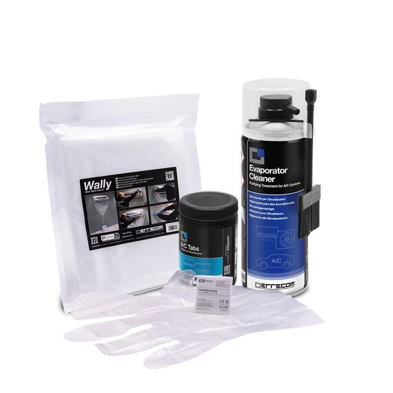 ERRECOM Klimaanlagen-Reinigungskit, enthält Evaporator Cleaner PRO Reiniger mit Pinsel aus harten Borsten, Wally Schutzhülle, A/C Tabs 40 lang wirkende Klimaanlagentabletten, Handschuhe