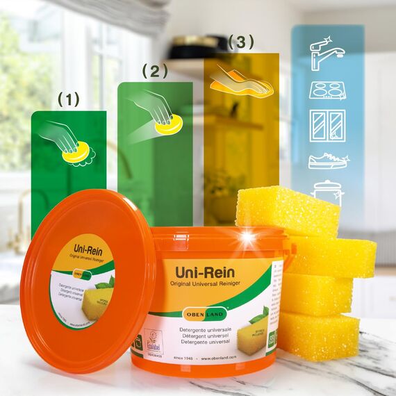 Putzstein Obenland UNI-Rein Universalreiniger 1,5 kg inkl. 4 Schwämmen - Reinigungsstein für Küche, Bad, Fenster, Sneaker, Ceranfeld, Edelstahl, WC