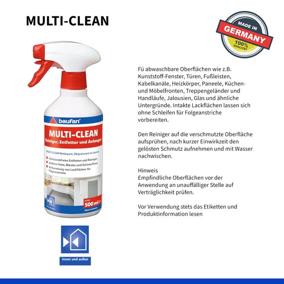 Baufan MULTI-CLEAN Reiniger, Entfetter und Anlauger 500ml - Fettlöser & Küchenreiniger, Multifunktions- und Malerreiniger, Entfernt Fett, Nikotin & Öl rückstandsfrei (Packung mit 2)