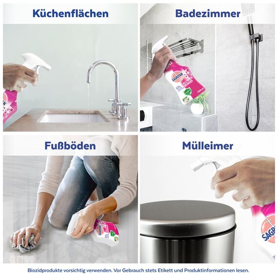 Sagrotan Allzweck-Reiniger Blütenfrische & Grüner Apfel – 2in1 Desinfektionsreiniger für die zuverlässige Reinigung von Oberflächen – 4 x 750 ml Sprühflasche