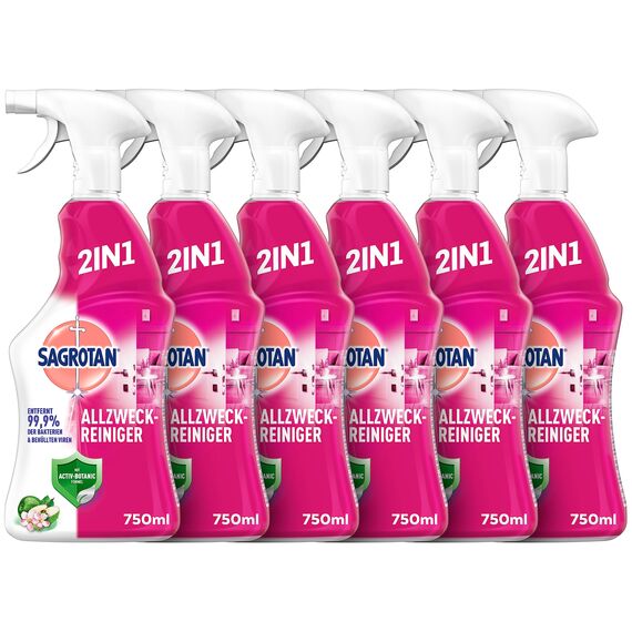 Sagrotan Allzweck-Reiniger – 2in1 Desinfektionsmittel für die zuverlässige Reinigung von Oberflächen – 6 x 750 ml Sprühflasche