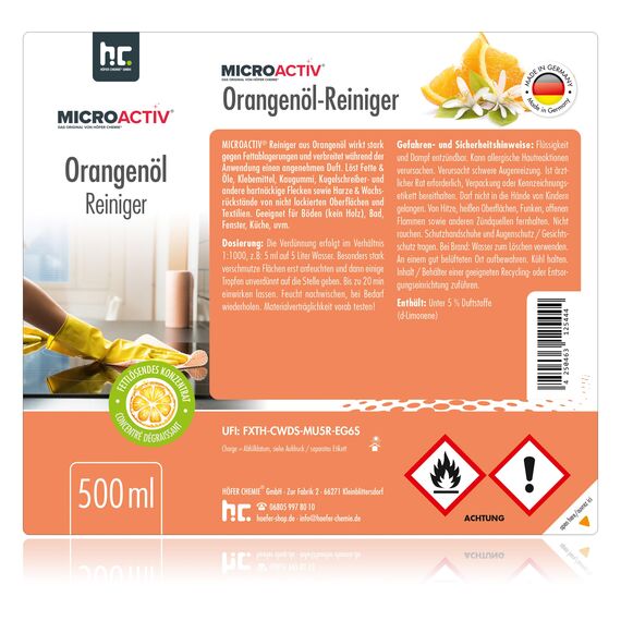 MICROACTIV Orangenöl Reiniger Konzentrat 4 x 500ml - Allzweckreiniger & Fettlöser mit frischem Orangenduft - Universalreiniger Made in Germany