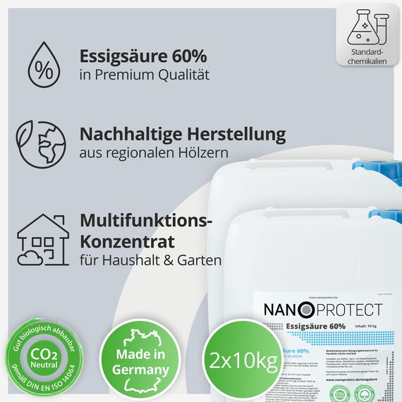 Nanoprotect Essigsäure 60% | 2 x 10 kg | Klimaneutral | Ideal als Reiniger und Entkalker | Für Haus und Garten | Premium Qualität – Made in Germany