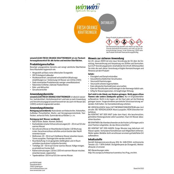 winwinCLEAN® fresh Orange Orangenreiniger Konzentrat [65% Reine Orangenterpene] Kraftvoller Orangenölreiniger Ökologisch | Hochergiebiger Orangen Reiniger mit Frischeduft | 250ML
