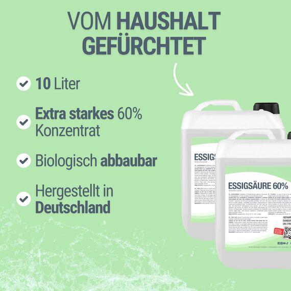 MAXXI CLEAN | 10 l Essigsäure 60% | Ideal als Reiniger und Entkalker | Für Haus und Garten | Essigessenz in Premium Qualität – Made in Germany