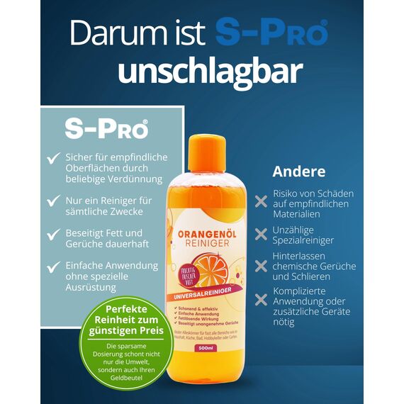 S-Pro - Orangenölreiniger fettlöser Konzentrat 3x500ml Flasche - Schonender Orangenreiniger hochkonzentriert mit frischem Orangenduft - Allzweckreiniger Reinigungsmittel für Haushalt, Küche & Bad