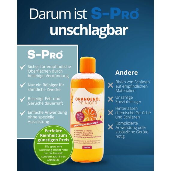 S-Pro - Orangenölreiniger fettlöser Konzentrat 500ml Flasche - Schonender Orangenreiniger hochkonzentriert mit frischem Orangenduft - Allzweckreiniger Reinigungsmittel für Haushalt, Küche & Bad