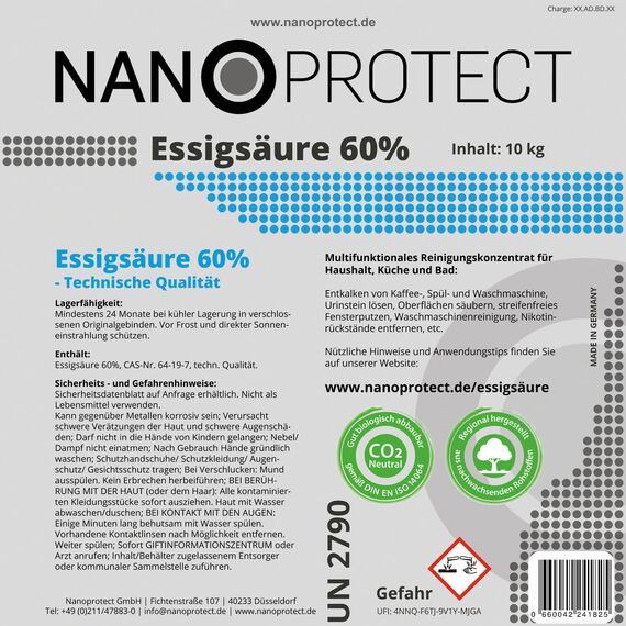 Nanoprotect Essigsäure 60% | 2 x 10 kg | Klimaneutral | Ideal als Reiniger und Entkalker | Für Haus und Garten | Premium Qualität – Made in Germany