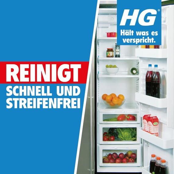 HG Hygienischer Kühlschrank-Reiniger, ein schnell trocknender und frisch riechender Kühlschrankreiniger für eine schnelle, streifenfreie und hygienisch gründliche Reinigung - 500 ml