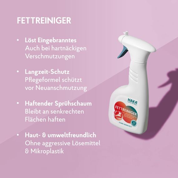 HAKA Fettreiniger Spray, 2x 500 ml, Fettlöser für Küche, gegen Eingebranntes & Fett, ideal für Grill, Backofen & Dunstabzugshaube, vegan, materialschonend, ohne aggressive Chemie