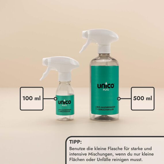 unicopuro® Allesreiniger Starter-Set Amber – 500 ml Konzentrat = 5 L – inkl. 500 ml & 100 ml Sprühflaschen + Soft-Touch Microfasertuch – biologisch abbaubar, Geruchskiller, in 7 Düften