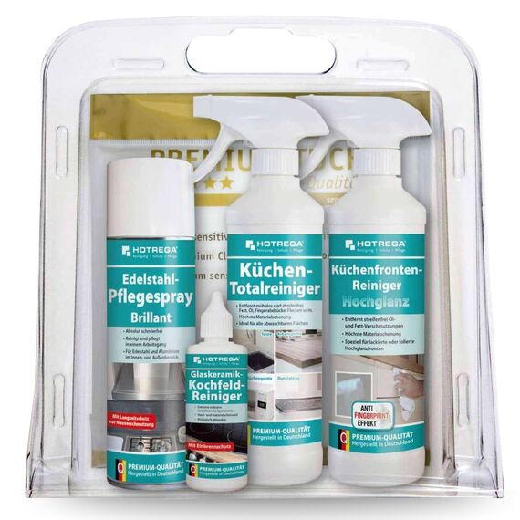 HOTREGA Küchenpflege-Set Hochglanz | Küchenfronten Reiniger, Edelstahl Pflegespray, Glaskeramikreiniger, Küchen-Totalreiniger + Premiumtuch Sensitive