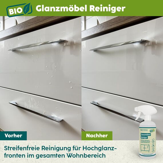 HOTREGA BIO Möbelreiniger 500ml| Streifenfrei mit Anti-Finger-Print Effekt| Für Hochglanzmöbel & Fronten, Glas, Kunststoff, Edelstahl Made in Germany