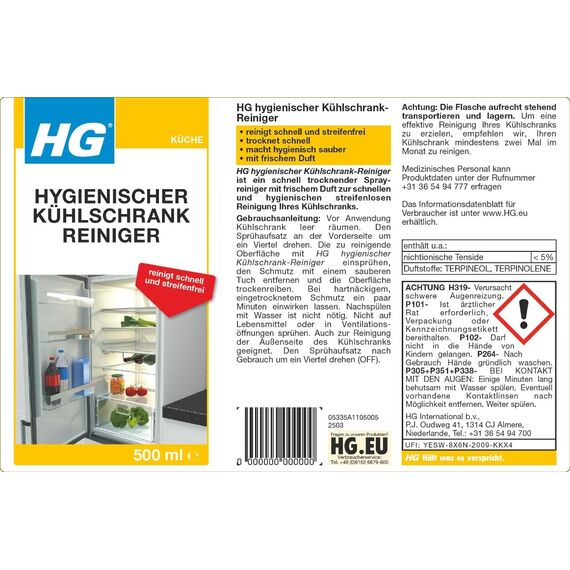HG Hygienischer Kühlschrank-Reiniger, ein schnell trocknender und frisch riechender Kühlschrankreiniger für eine schnelle, streifenfreie und hygienisch gründliche Reinigung - 500 ml