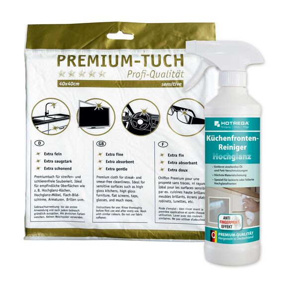 HOTREGA Küchenfronten-Reiniger Hochglanz 500 ml | Streifenfrei & pH-neutral | Für lackierte, foliert, glänzende Flächen | inkl. Premium-Microfasertuch