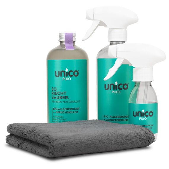 unicopuro® Allesreiniger Starter-Set Lavendel – 500 ml Konzentrat = 5 L – inkl. 500 ml & 100 ml Sprühflaschen + Soft-Touch Microfasertuch – biologisch abbaubar, Geruchskiller, in 7 Düften