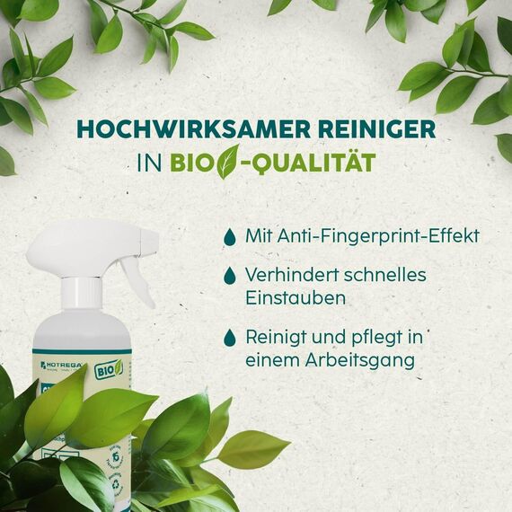 HOTREGA BIO Möbelreiniger 500ml inkl. 2x Microfasertücher | Streifenfrei mit Anti-Finger-Print Effekt | Für Hochglanzmöbel & Fronten Glas Kunststoff Edelstahl | Made in Germany