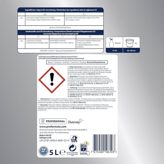 Cif Professional Allzweckreiniger Zitrus - Zuverlässige Reinigung für gründliche Sauberkeit, professionelle Ergebnisse mit erfrischendem Zitrusduft, 5L Kanister