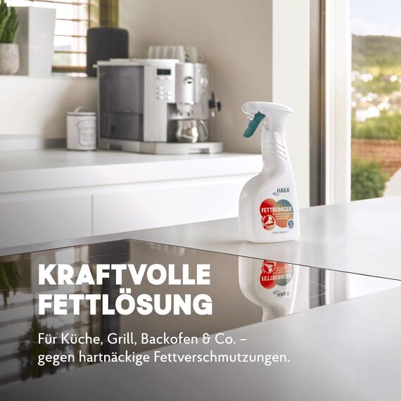 HAKA Fettreiniger Spray, 2x 500 ml, Fettlöser für Küche, gegen Eingebranntes & Fett, ideal für Grill, Backofen & Dunstabzugshaube, vegan, materialschonend, ohne aggressive Chemie