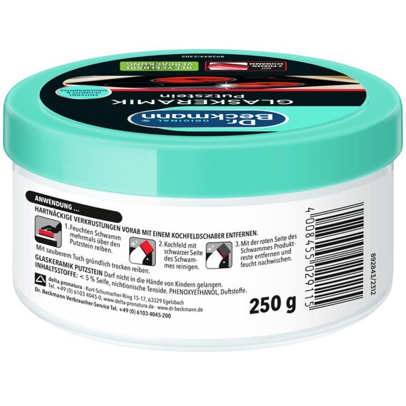 Dr. Beckmann Glaskeramik Putzstein | effektiver Kochfeld-Reiniger gegen hartnäckigen Schmutz | inkl. Spezialschwamm | 250 g (1er Pack) | Verpackung kann abweichen