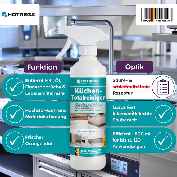 HOTREGA Küchenpflege-Set Hochglanz | Küchenfronten Reiniger, Edelstahl Pflegespray, Glaskeramikreiniger, Küchen-Totalreiniger + Premiumtuch Sensitive