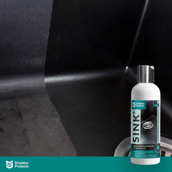 Shieldon Protects 2er Set Reiniger (250 ml) & Imprägnat (200 ml) für Granitspülen - mit Schwämme und Mikrofasertuch - Reinigung & Wasserabweisende Imprägnierung für Granit Blanco Silgranit Spüle