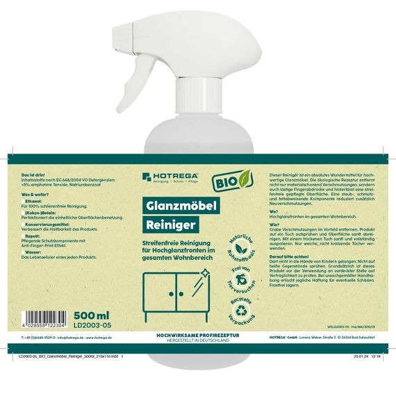 HOTREGA BIO Möbelreiniger 500ml| Streifenfrei mit Anti-Finger-Print Effekt| Für Hochglanzmöbel & Fronten, Glas, Kunststoff, Edelstahl Made in Germany