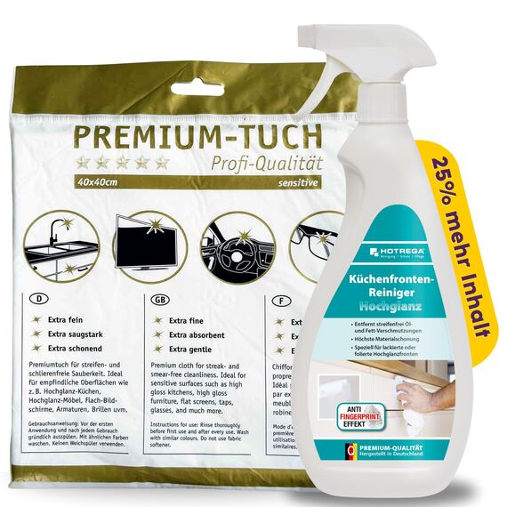 HOTREGA Küchenfronten Reiniger Hochglanz 750ml | Streifenfrei | Für lackierte, folierte & glänzende Oberflächen | inkl. Premium Microfasertuch