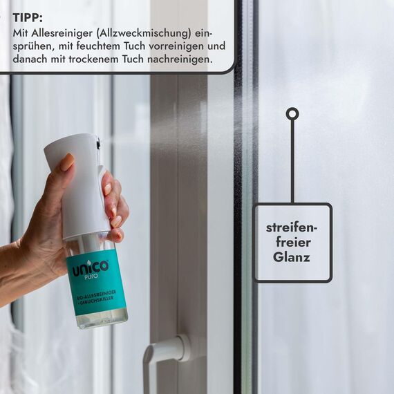 unicopuro® Allesreiniger Starter-Set Sonnengruß – 500 ml Konzentrat = 5 L – inkl. 500 ml & 100 ml Sprühflaschen + Soft-Touch Microfasertuch – biologisch abbaubar, Geruchskiller, in 7 Düften