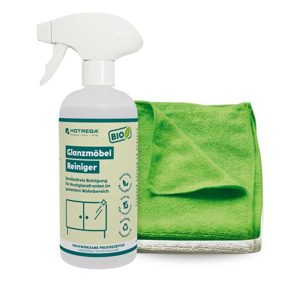 HOTREGA BIO Möbelreiniger 500ml inkl. 2x Microfasertücher | Streifenfrei mit Anti-Finger-Print Effekt | Für Hochglanzmöbel & Fronten Glas Kunststoff Edelstahl | Made in Germany