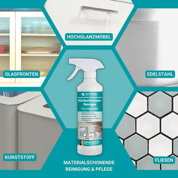 HOTREGA Küchenfronten-Reiniger Hochglanz 2x 500 ml | Streifenfrei & pH-neutral | Entfernt Fingerabdrücke | Für lackierte, folierte & glänzende Flächen