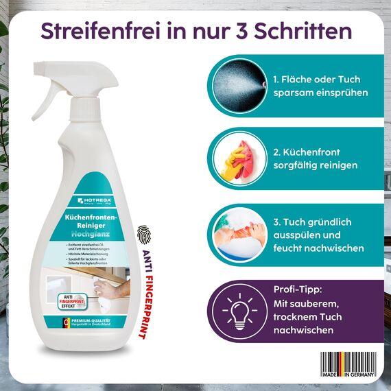 HOTREGA Küchenfronten Reiniger Hochglanz 750ml | Streifenfrei | Für lackierte, folierte & glänzende Oberflächen | inkl. Premium Microfasertuch