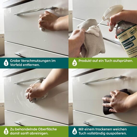 HOTREGA BIO Möbelreiniger 500ml inkl. 2x Microfasertücher | Streifenfrei mit Anti-Finger-Print Effekt | Für Hochglanzmöbel & Fronten Glas Kunststoff Edelstahl | Made in Germany
