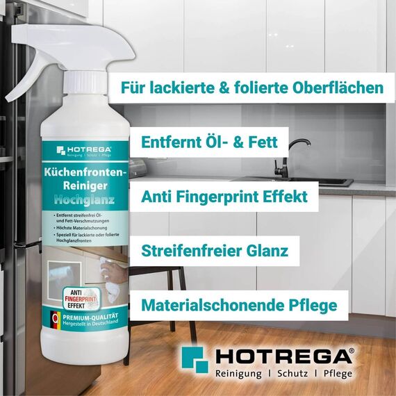 HOTREGA Küchenfronten-Reiniger Hochglanz 500 ml | Streifenfrei & pH-neutral | Für lackierte, foliert, glänzende Flächen | inkl. Premium-Microfasertuch