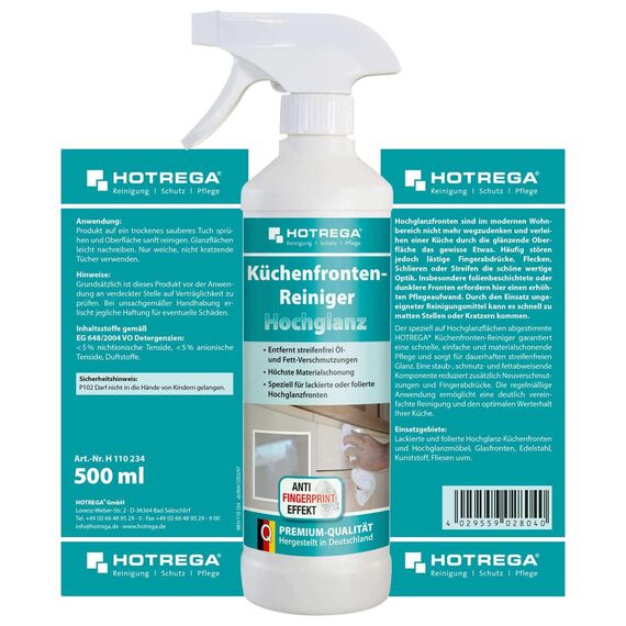 HOTREGA Küchenfronten-Reiniger Hochglanz 500 ml | Streifenfrei & pH-neutral | Für lackierte, foliert, glänzende Flächen | inkl. Premium-Microfasertuch