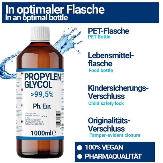 1000ml Propylenglycol in Pharmaqualität USP– vielseitig – hochrein | >99,5% | E1520
